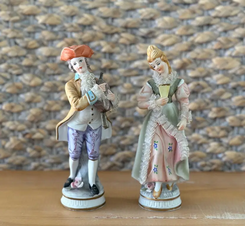 Norleans Victorian Couple Ceramic Lace Ruffle Trim Figurines Made In Japan