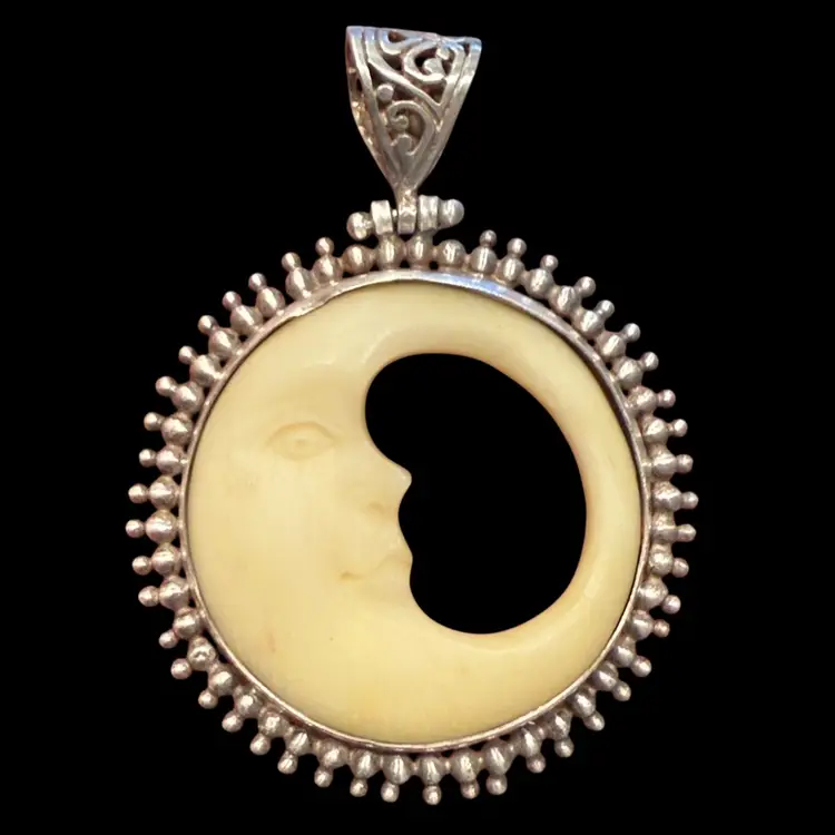 Sterling Silver Hand Made Benevolent Crescent Carved Bone Moon Pendant Moveable Bale 2.25”, 11.3g