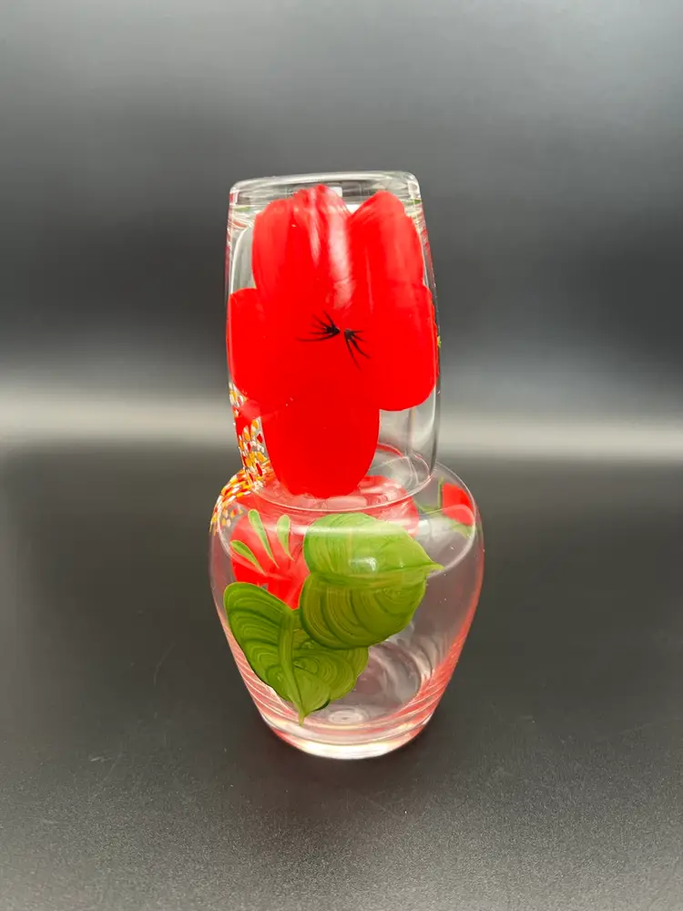 Hand Painted Tumble Up Red Flowers Green Leaves 7 1/2” Tall