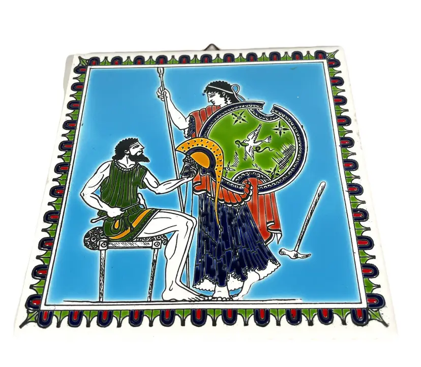 Vintage Hand Painted Greek Wall Art  Tile Of Gods & Goddess Warrior Blue W/Label