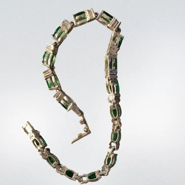 Avon Silver Tone Tennis Bracelet Square Shape Open Backed Green Rhinestone Separated By Petite White Open Back Rhinestones… Birthstone Bracelet