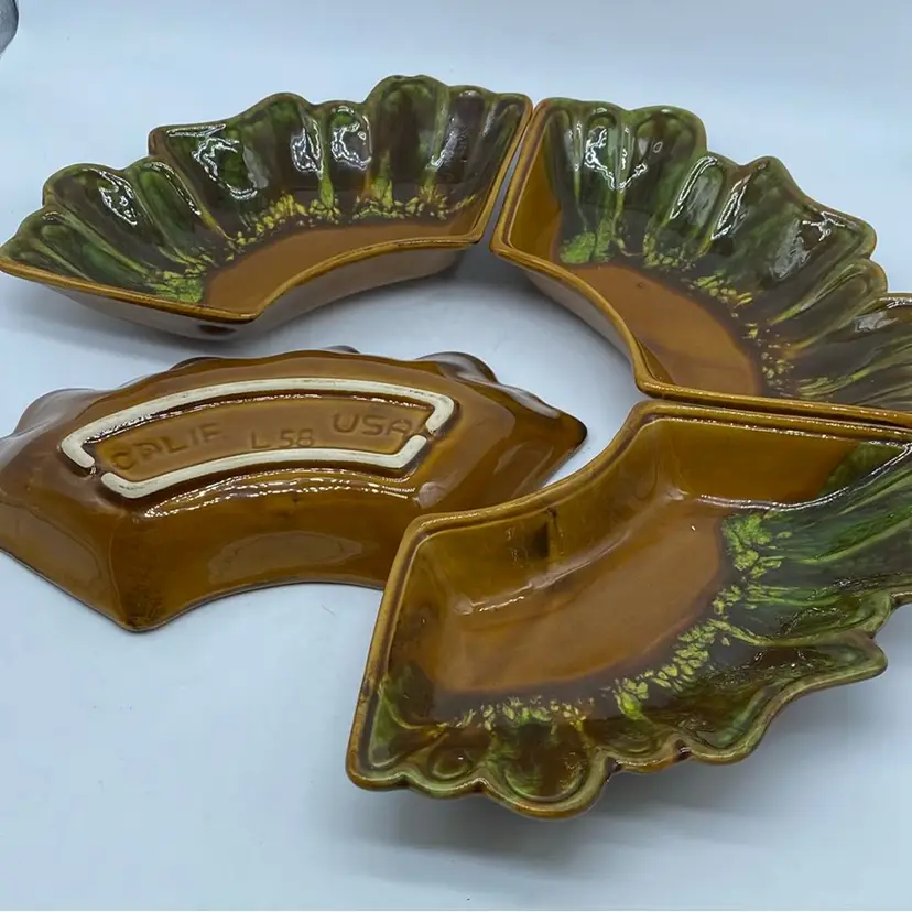 #4806 Vintage California Pottery L-58 drip glaze serving dishes, set of four.