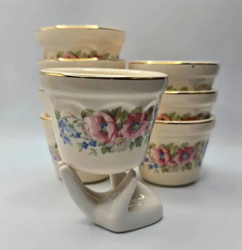 Vtg Universal Cambridge 22K Gold Trim/Floral S/8 Dessert Custard•Berry Cup Bowl