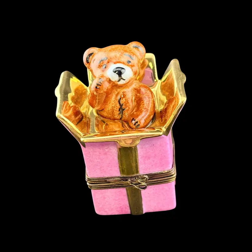 Vintage Limoges Teddy Bear Birthday Surprise Trinket Box 3” Tall x 2” Wide