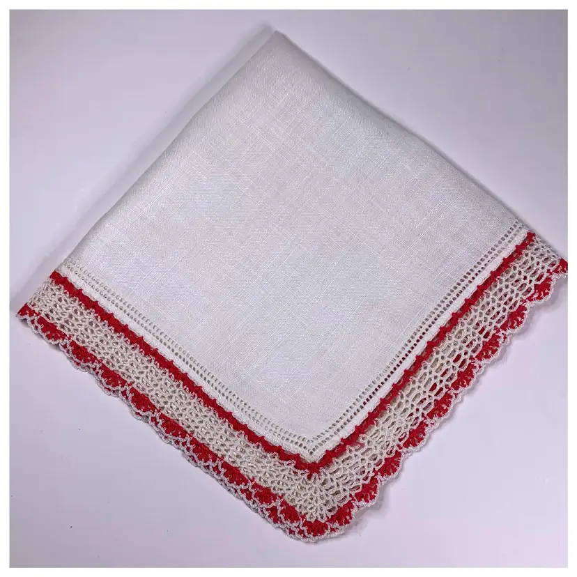 Crochet Shell Lace Linen Handkerchief Vintage Cottage Core Granny Pink