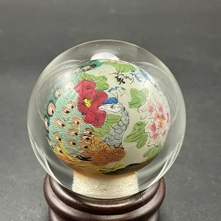 Reverse Hand Painted Glass Orb Paperweight on Stand Peacocks VTG Signed