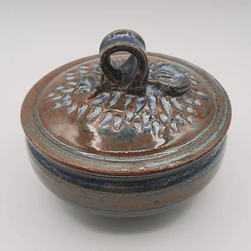 Art Pottery Signed Brown Blue Lidded Dish Bowle