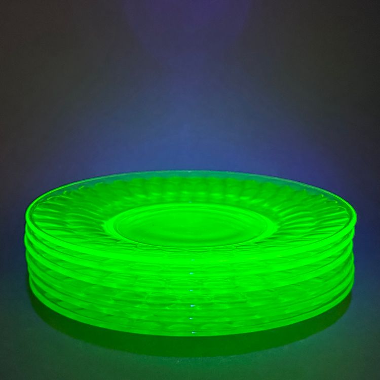 Vintage Federal Green Uranium Glass Thumbprint Side Plates. Set of 6