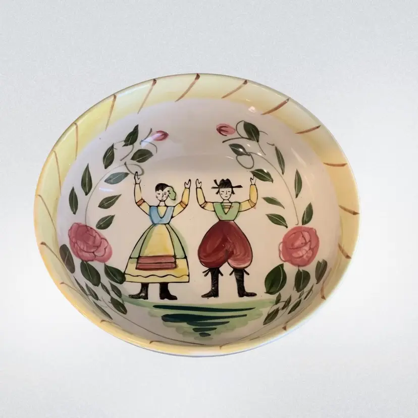 Vintage Italian? Hand-painted 9.5” Serving Bowl Folk Art Style Roses