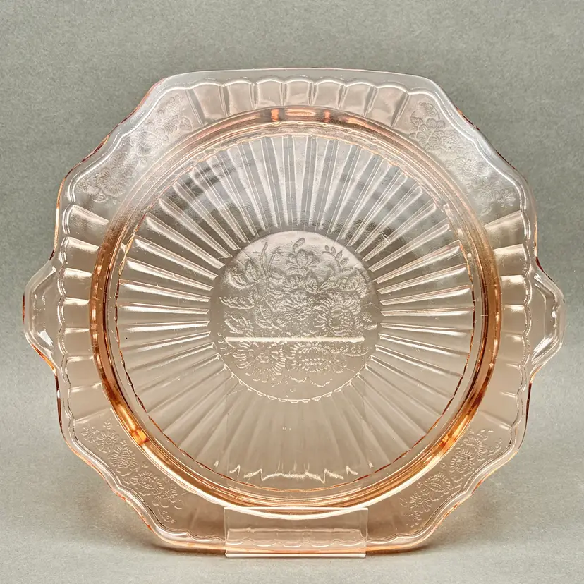 Vintage Pink “Windsor Diamond” Handled Cake Plate by Jeannette Glass