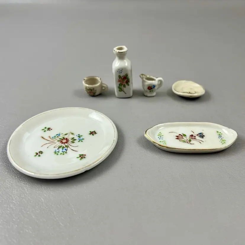 Lot Of 6 Pc Hand Painted Ceramic Doll Toy Kitchenware Japan Creamer Sugar Plates
