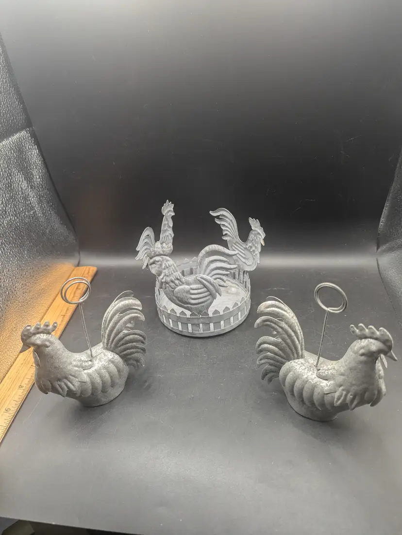 Lot of Tin/Aluminum Rooster Decor Candle Holder and Two Picture/Place Card Holders.