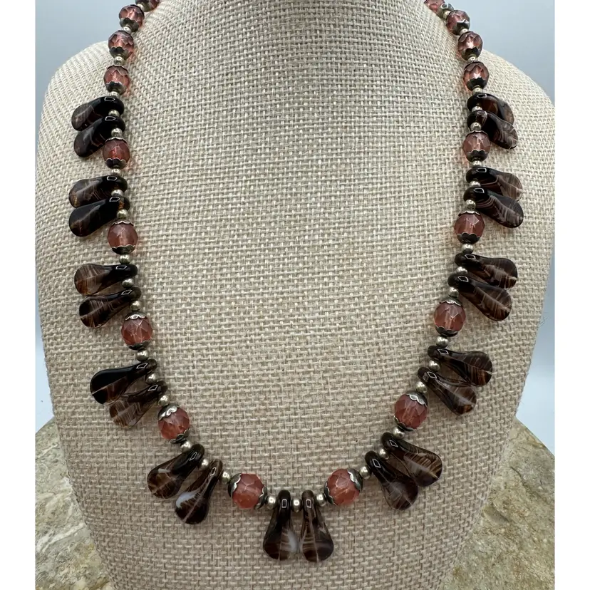 Vintage Art Glass Fringe Statement Necklace – Tortoiseshell & Amber Brown Molded Glass Leaf Daggers, Salmon Pink Faceted Glass Accent Beads, Earth Tones BIN BASH SALE