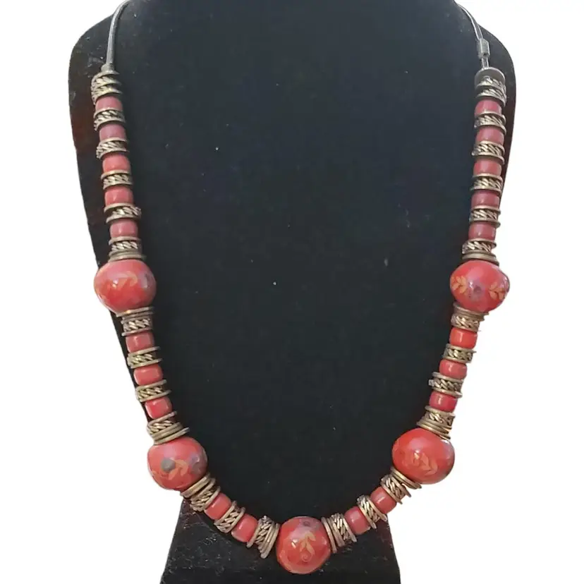 Vintage Red Beaded Necklace with Intricate Metal Accents