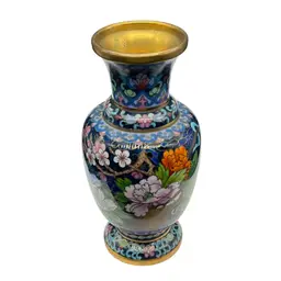 Cloisonné Enamel Vase Vintage, Blue Floral Design with Brass Rim | 7”
