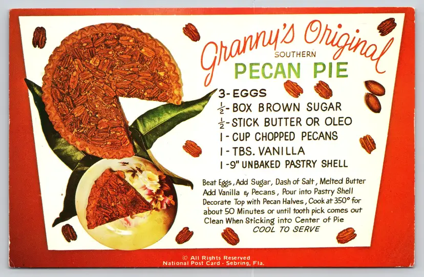 Postcard Granny's Original Southern Pecan Pie Recipe Baking Cooking Cuisine - 14739