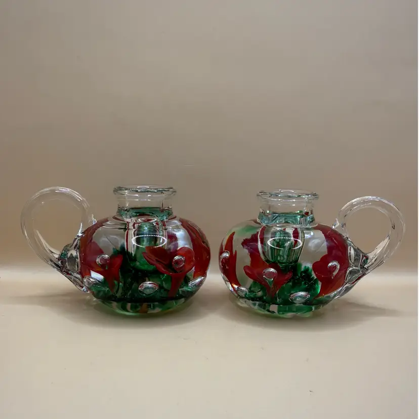 Joe St. Clair Red & Green Trumpet Flower Candle Holder Pair 4.5x3β