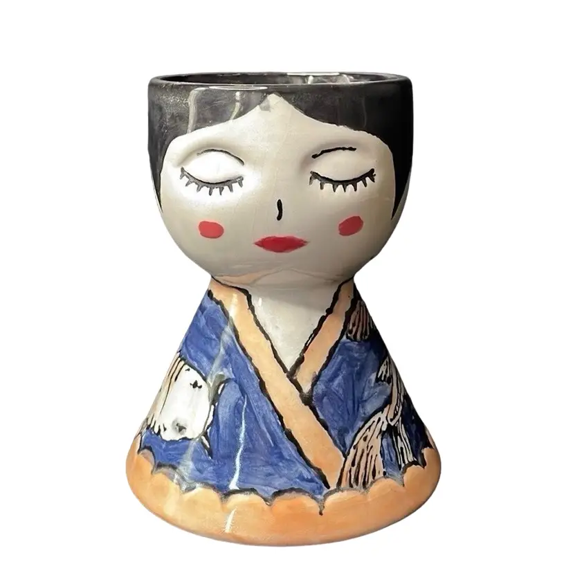 Lady Head Vase Porcelain Planter Vase Kimono Koi Fish Home Decor