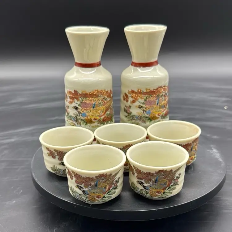 VINTAGE Set OMC OTAGIRI SAKE 2 DECANTER PHEASANTS + 5Cups JAPAN PORCELAIN