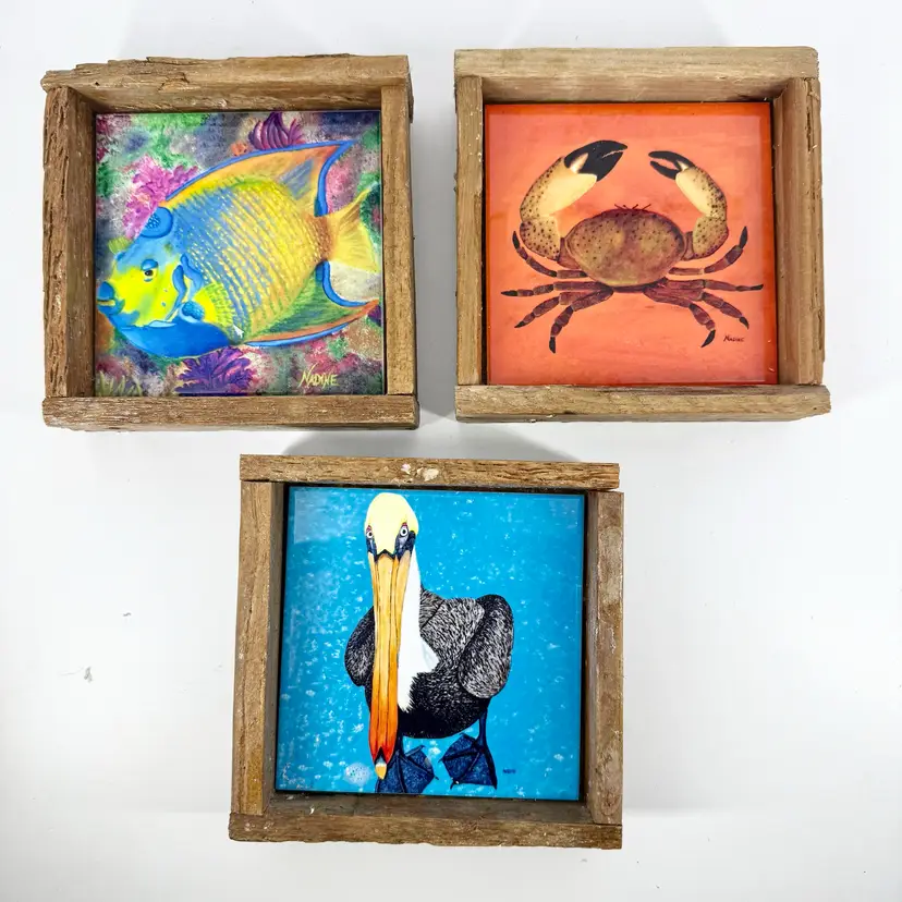 Lobster Trap Key West  WILDLIFE ARTWORK Framed Tile 5.25in Sq. UV Reactive (Price per piece)