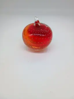 Hand Blown Art Glass Amberina  Red Orange Yellow Mix Apple Controlled Bubble Paperweight