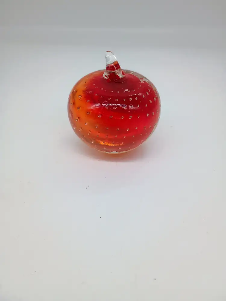 Hand Blown Art Glass Amberina  Red Orange Yellow Mix Apple Controlled Bubble Paperweight
