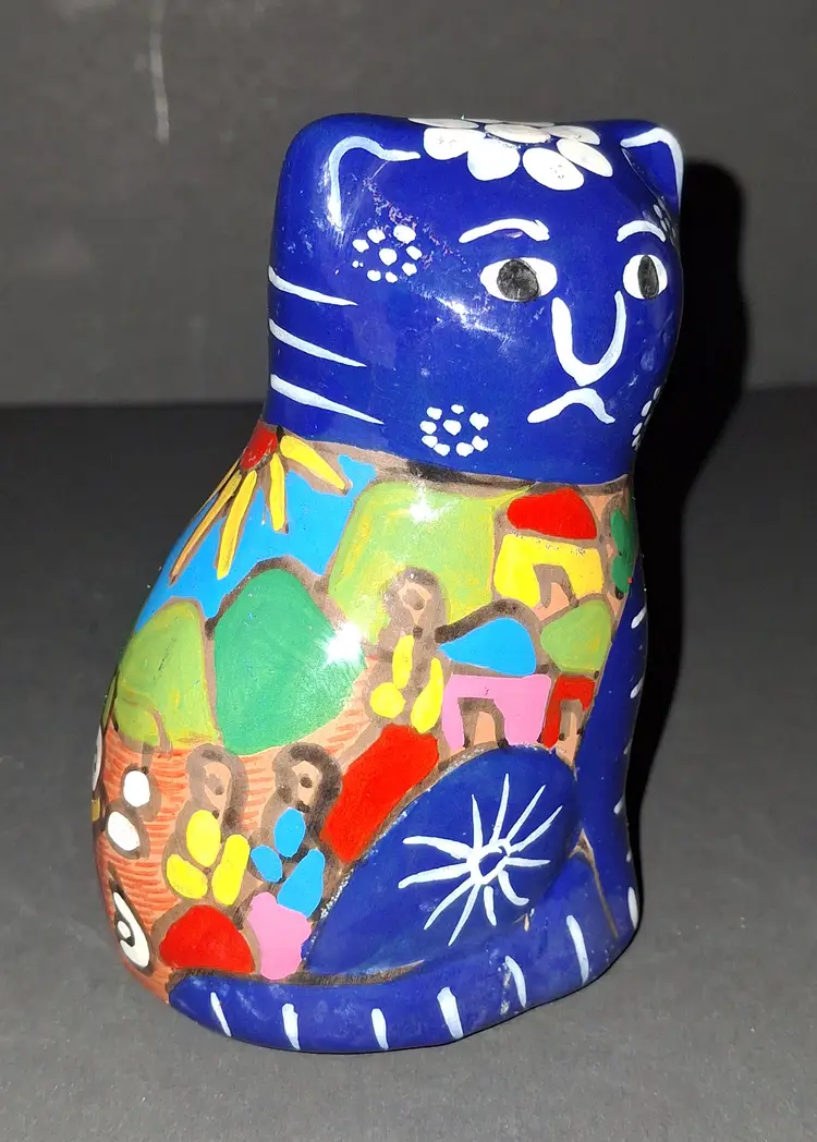Hand Painted Mexican Cat Clay Folk Art Figurine