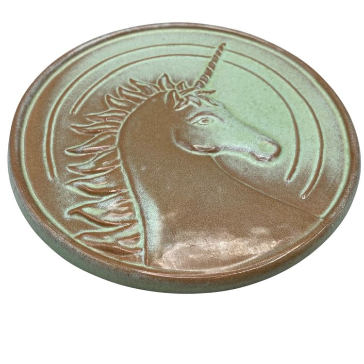 Frankoma Pottery Unicorn Trivet Green Brown Vintage Retro