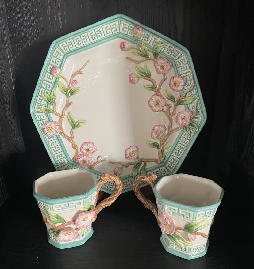 Vintage Fitz and Floyd Cherry Blossoms Essentials Plate & Mugs