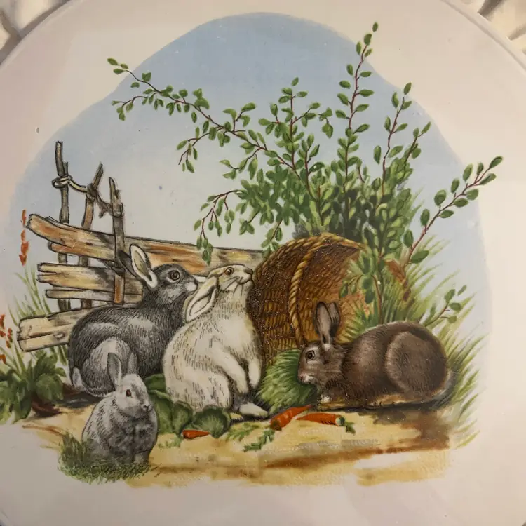 A decorative porcelain plate with a ruffled edge and rabbit illustration. - In The Shape Of An Embroidery Hoop. 12”