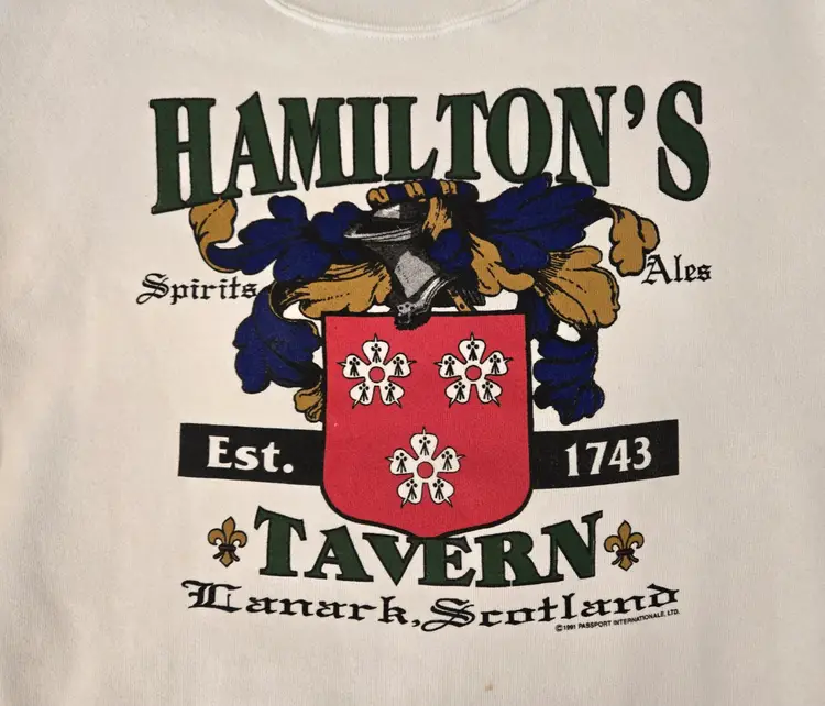 Vintage 1991 Lanark Scotland Hamilton's Tavern Graphic Sweatshirt Size XL Delta