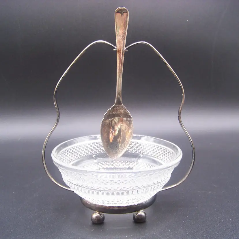 Vintage Silver Plate Holder and Spoon with Glass Bowl Condiment Server