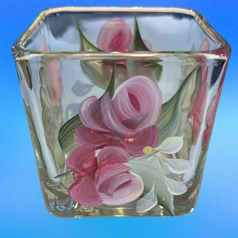 Square Glass Hand Painter Floral Candle Holder