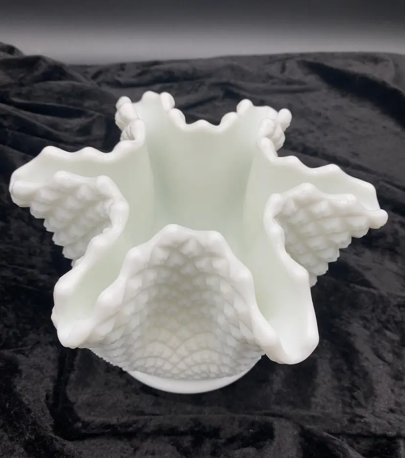 Vintage Westmoreland Milk Glass English Hobnail 8" Crimped Rose Vase, 6 Point