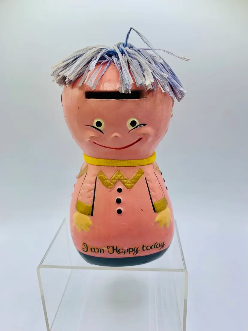 Vintage Lego Japan Moody Mary Coin Bank 4 Sided Happy Bored Sad Furious. Pink/peach Color