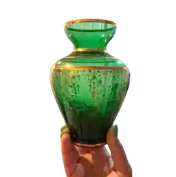 Vecchia Murano Emerald Green Art Glass Bud Vase 24K Gold Trim Chandelier 6”