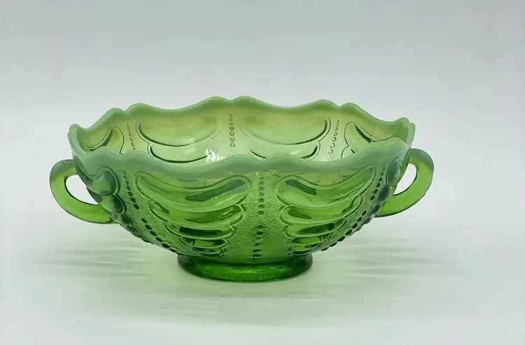 Antique Jefferson Abalone Green Opalescent Glass Double Handled Bowl