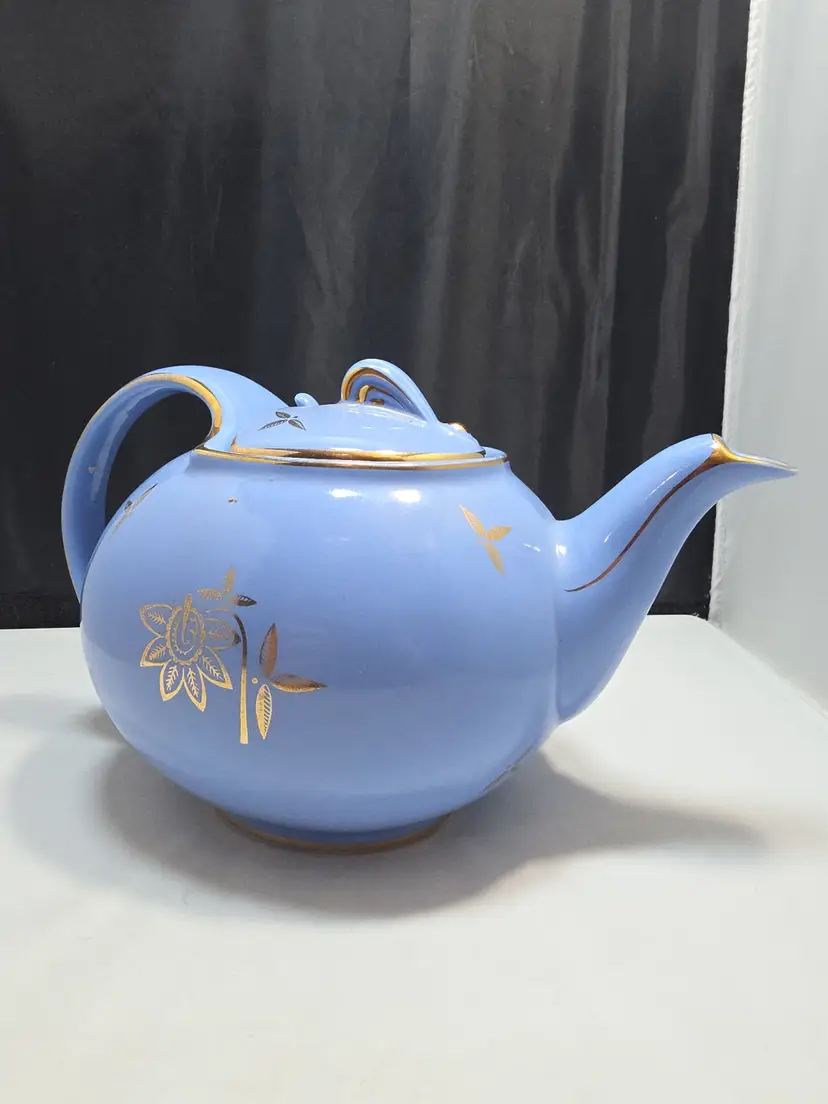 Vintage MCM Hall 0749 6-Cup Hook Cover Teapot & Lid Blue, Gold Motif 1940's (Y)