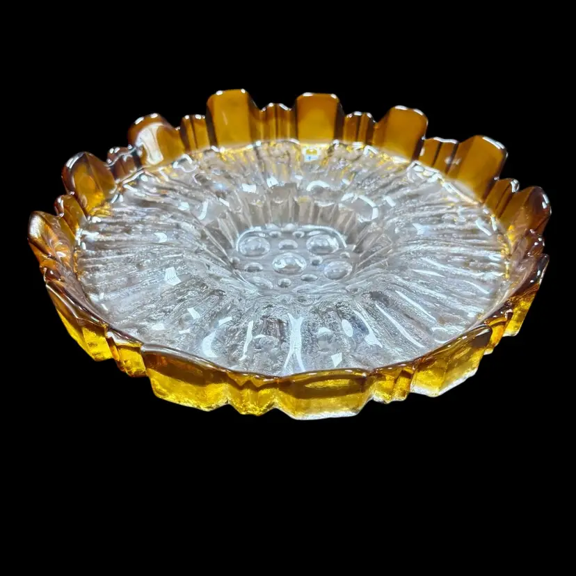 10” | 1970's Vintage HUMPPILA Finnish Art Glass Water Lily Bowl | Amber Textured