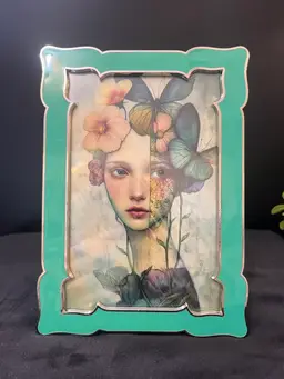 Whimsical Girl w/ Flowers & Butterflies in an Enamel Frame w/ Glass
