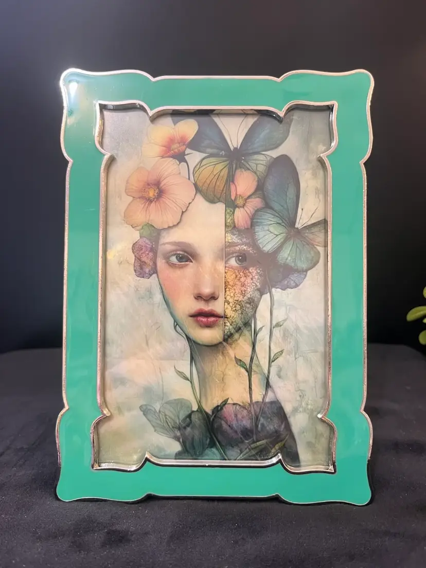 Whimsical Girl w/ Flowers & Butterflies in an Enamel Frame w/ Glass