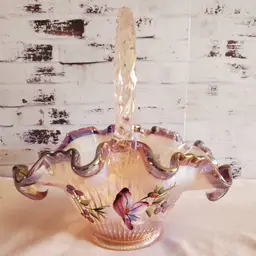 Fenton Iridescent Ribbon Candy Morning Glory & Hummingbird Hand-Painted Glass Basket