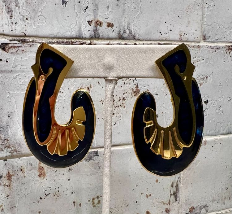 Vintage Edgar Berebi Navy Blue Swirl Enamel Gold Tone Pair Pierced #E-1