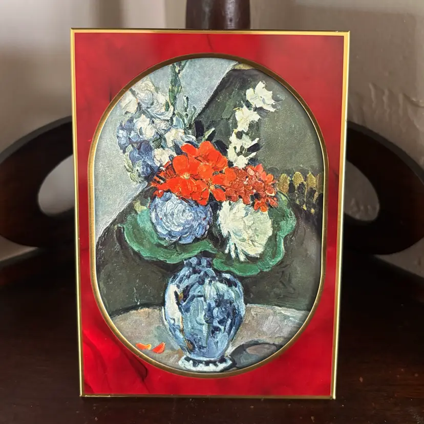 🐇Vintage Red Brass Frame w/‘Still Life, Delft Vase with Flowers’ by Cezanne Print
