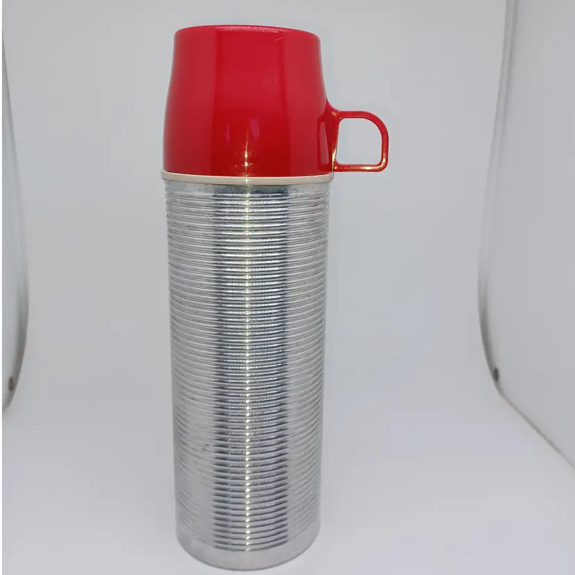 Vintage Thermos Aluminum Bottle With Red Cup Lid - 10 oz. #2084H Hot Cold USA