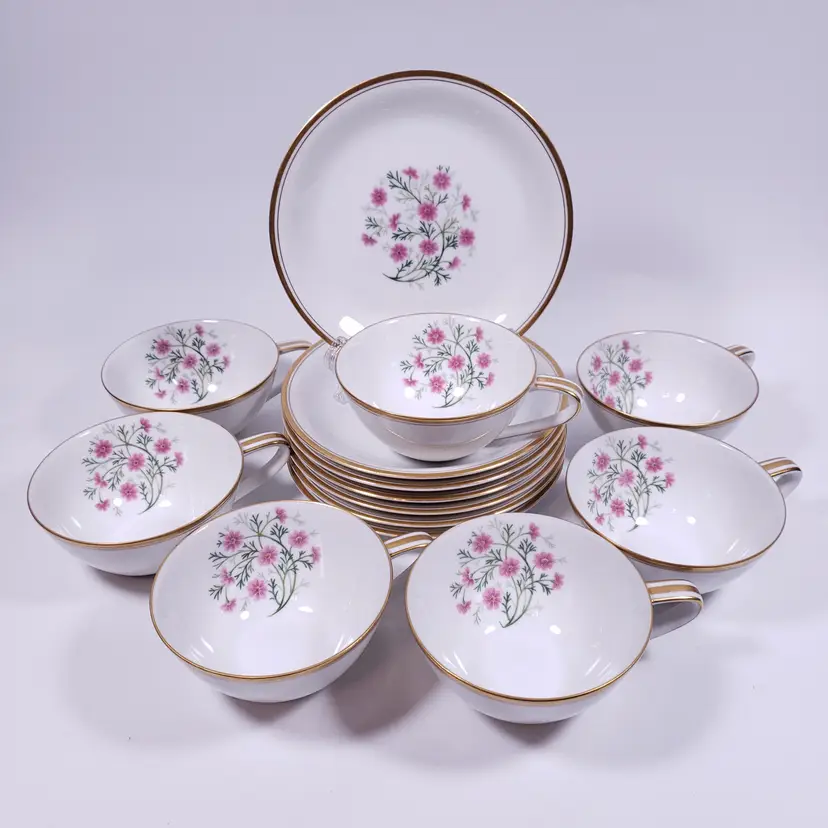 ART DECO 1930s NORITAKE 5297 Japan Pink Cosmos Gold Porcelain CUP & SAUCER SET