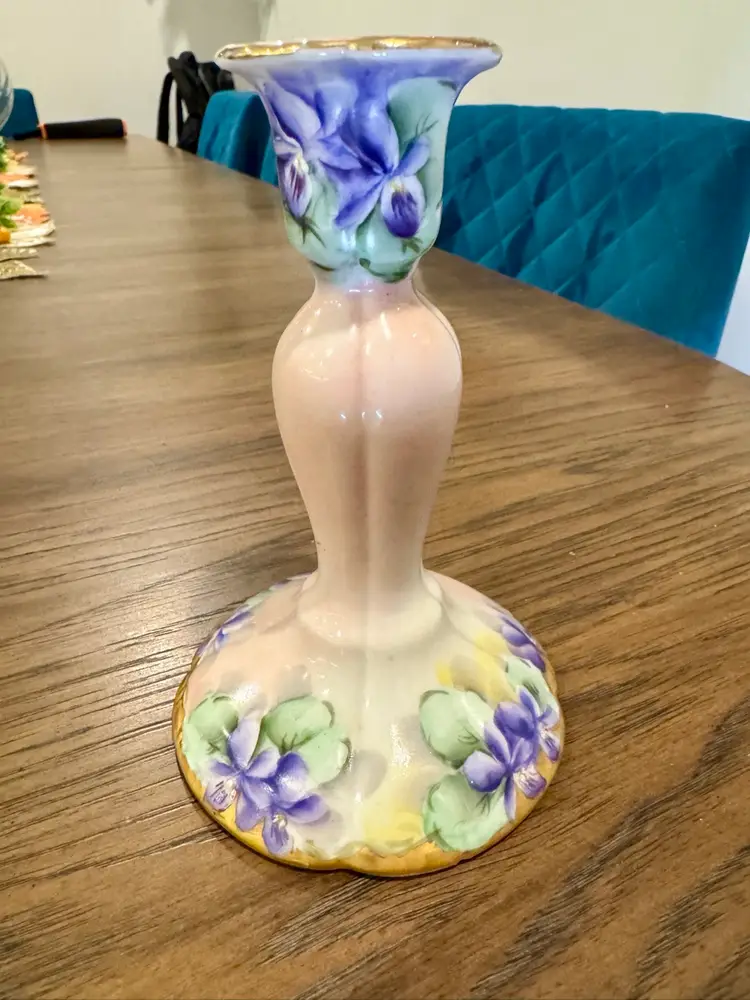 Vintage hand-painted porcelain candlestick holder with a violet floral design. Goebel Wilhelmsfeld in France from 1092s