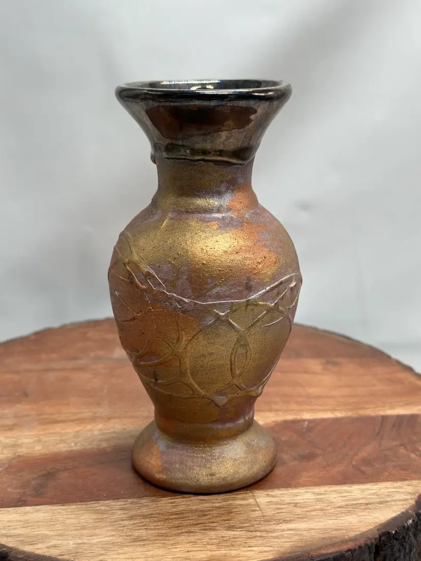 Vintage Weeping Copper Luster Textured Glaze Vase Iridescent Colors RARE