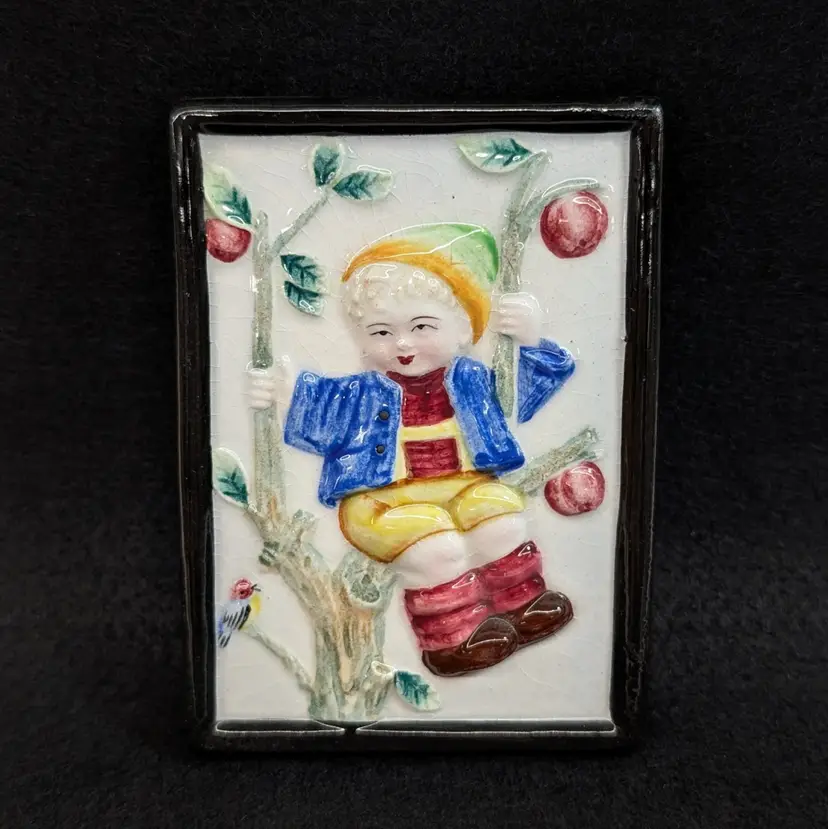 Vintage Ceramic 3D Wall Hanging Plaque Boy in Apple Tree Bird Occupied Japan 4"