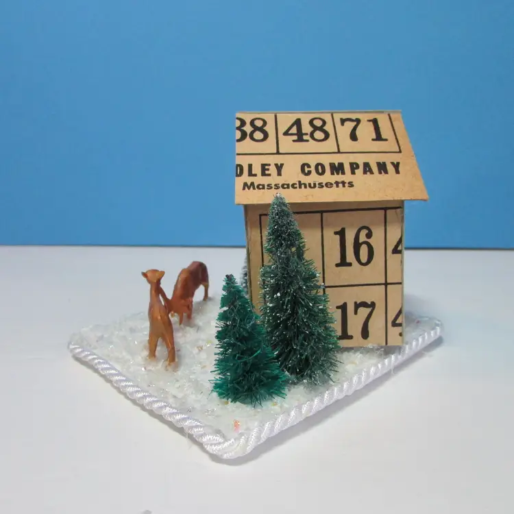 vintage crafted Bingo card house with deer Christmas winter scene
